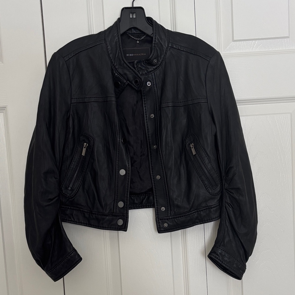 BCBGMaxAzria Black Leather Jacket with Snap Collar Moto Motorcycle style